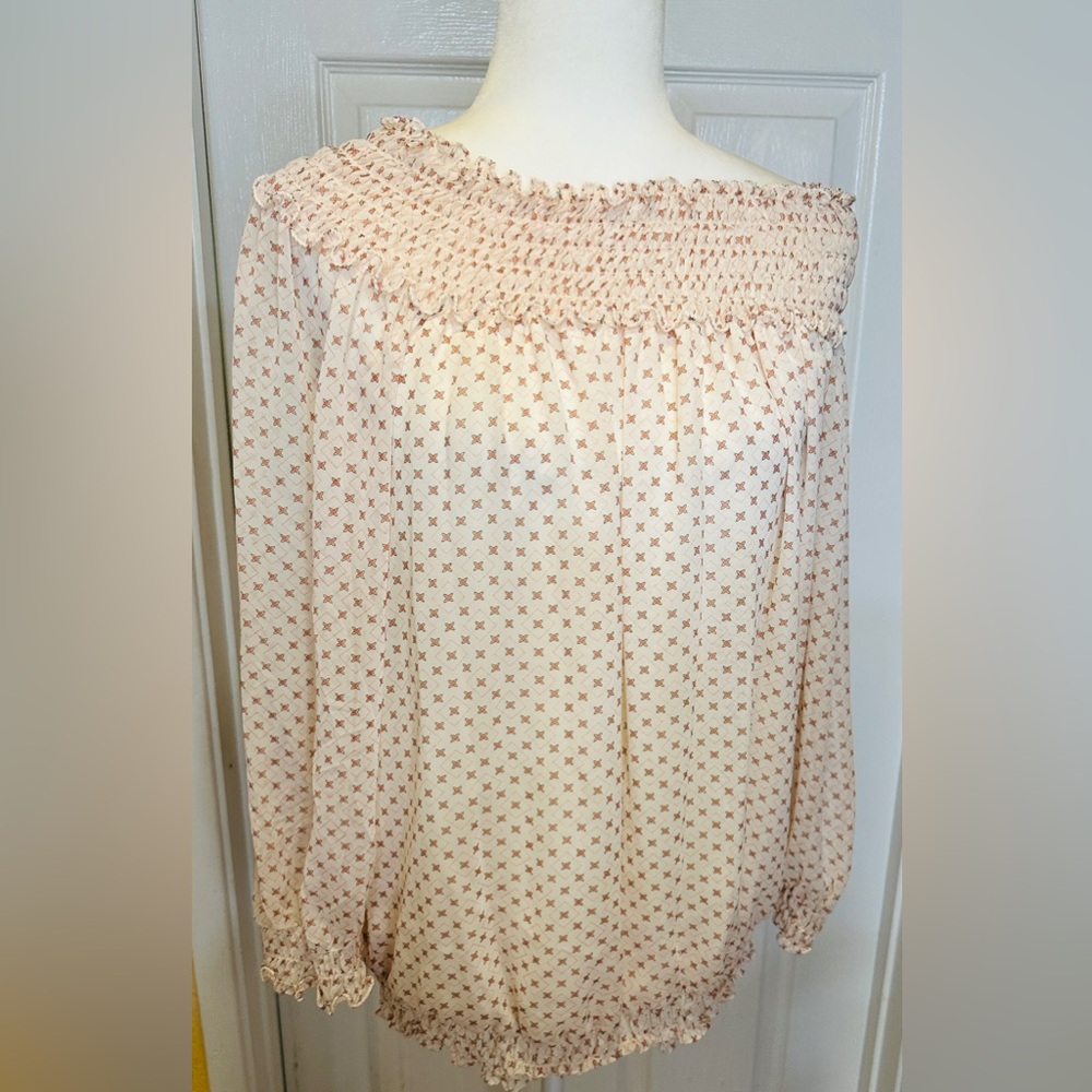 Max Edition Cream Tan Smocked  Midi Long Sleeve Top Size XL